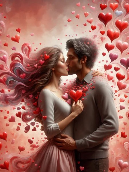 man and woman kissing, mad-love hearts swirling around <lora:Love_is_in_the_air_SDXL:1>, (masterpiece:1.2), best quality, (hyperdetailed, highest detailed:1.2), high resolution textures