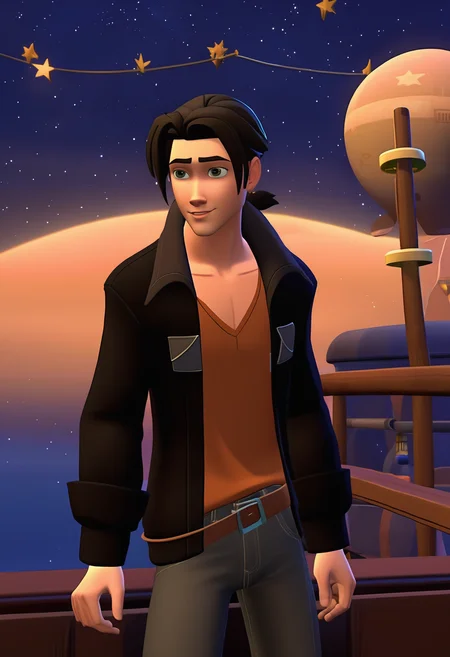 3d animation of HawkJim, The Sims 4 style, 15 years old, male, gold earring, short pirate tail, brown jacket, black shirt, looking at viewer, neutral expression, high quality, stars in sky background, ship deck, space  <lora:HawkJim_man-000005:0.8>