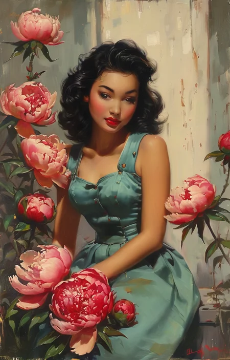 masterpiece,best quality,<lora:tbh149-sdxl:0.9>,style of Gil Elvgren, decaying peonies
