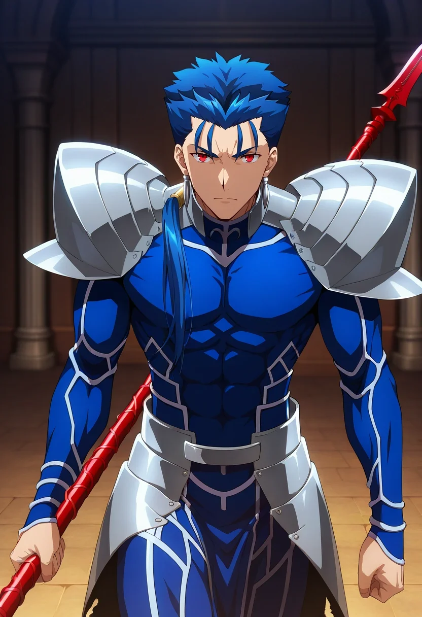 masterpiece, best quality, , anime screencap, , , looking at viewer, 1boy, solo, male focus, <lora:lancer_fsn_ilxl:0.96>, lancer_fsn, cu chulainn \(fate\), blue hair, red eyes, long hair, ponytail, spiked hair, , armor, shoulder armor, pauldrons, weapon, polearm, spear, holding, holding weapon, holding polearm, , convict costume