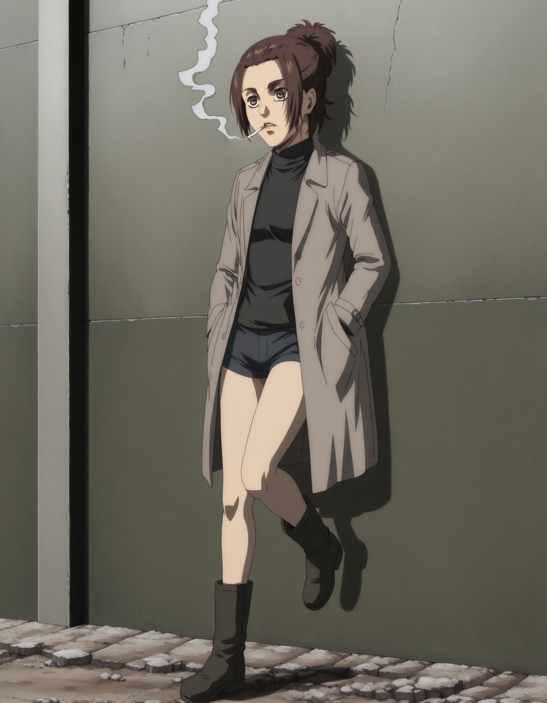 perfect composition, shadows, shading, full body, solo, <lora:texhnolyze:0.8> texhnolyze,, <lora:anime_screencap-Illustrious:0.8> anime screencap, anime coloring, very aesthetic, absurdres, zPDXL, <lora:Pony_DetailV2.0:0.5> <lora:illustrious_quality_modifiers_masterpieces_v1:1>
<lora:g4b1:1> g4b1, 1girl, single hair bun, brown hair, female focus, looking at the sky, aimless look, glossy lips, defined lips, smoking cigarette, posing, leaning against wall, standing on one leg, 
coat, turtleneck, short shorts, boots, 
dirty street, bird flying above,