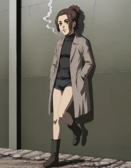 perfect composition, shadows, shading, full body, solo, <lora:texhnolyze:0.8> texhnolyze,, <lora:anime_screencap-Illustrious:0.8> anime screencap, anime coloring, very aesthetic, absurdres, zPDXL, <lora:Pony_DetailV2.0:0.5> <lora:illustrious_quality_modifiers_masterpieces_v1:1>
<lora:g4b1:1> g4b1, 1girl, single hair bun, brown hair, female focus, looking at the sky, aimless look, glossy lips, defined lips, smoking cigarette, posing, leaning against wall, standing on one leg,
coat, turtleneck, short shorts, boots,
dirty street, bird flying above,