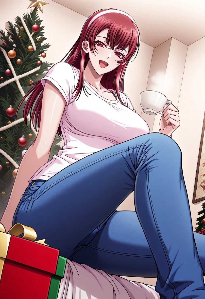 masterpiece, best quality, newest, highres, uncensored, 1girl, yokota mamoru style,1girl,
Aiba Sakura,Long Hair, Red Hair, Red Eyes,Slim
1girl, solo, christmas tree, cup, gift, christmas, long hair, hairband, gift box, box, teacup, sitting, smile, open mouth,blue jeans
