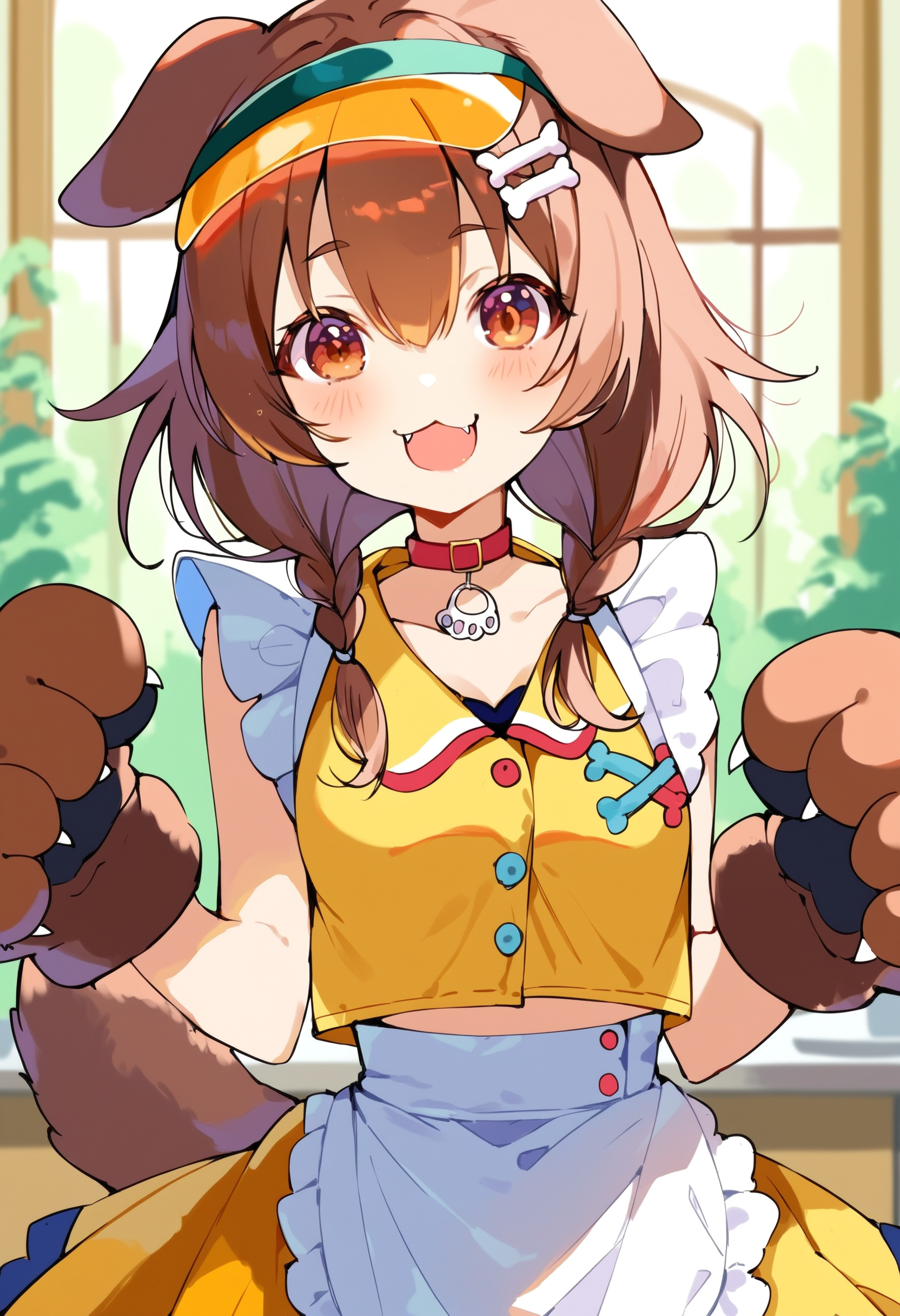score_9, score_8_up, score_7_up, score_6_up, source anime,
<lora:inugami_korone_v1:1> inugami korone, 1girl, bone hair ornament, solo, dog girl, dog ears, dog tail, hair between eyes,
inugami korone waitress, waist apron, visor, yellow skirt, crop top, yellow shirt, red choker, miniskirt, white apron, twintails, sleeveless shirt, low twintails,
animal hands, upper body,
open mouth, smile, :3, looking at viewer, blush, fang,
indoors, cafe