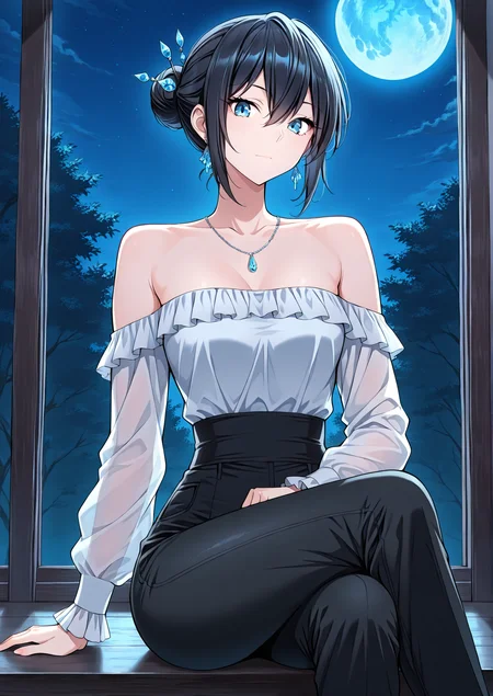 <lora:Tabitha_Helstea__The_Beginning_After_the_End__Illustrious:1>
1 girl, solo, blue eyes, black hair, hair between eyes,
black pants, off-shoulders shirt, shirt frills, bare shoulders, hair ornament, necklace, earrings, single hair bun
(Anime_source),Masterpiece,(perfect female body:1.2), small waist,(incredibly detailed:1.4), slim, looking at viewer, sitting, crossed legs, night, blue moon