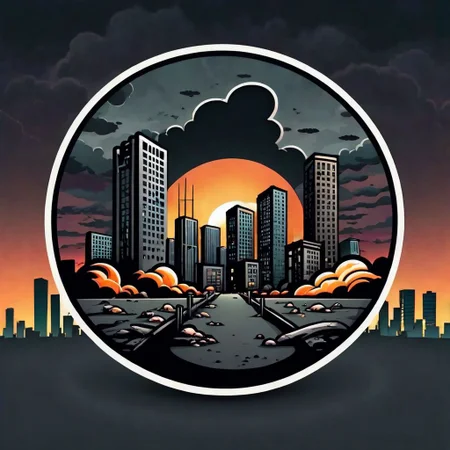 A post nuclear war city landscape, with dead bodies, skyscrapers, at sunset, dark clouds at the horizon, dramatic, 3d comics, round logo with black background