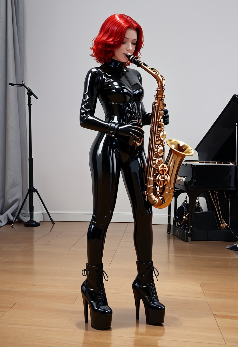 full body, Felecia Manning, a cute young woman in a latex catsuit , glossy, shiny catsuit, heavy rubber corset, long latex gloves, fetish wear. lace up thigh high boots. hud_pl3aser_ad0re1020, black platform high heel ankle boots, stiletto heels,  red hair. on stage, band, musician.   full body, on stage in a metal band,  holding saxophone, playing saxophone