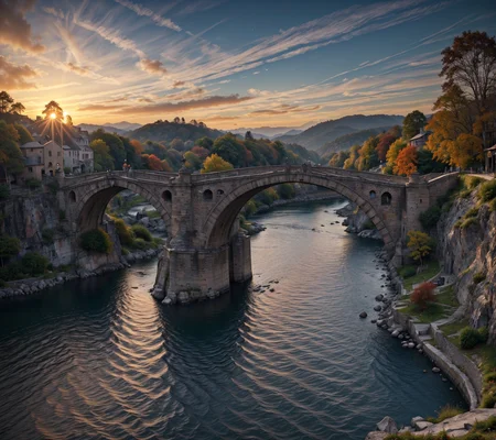 RAW photo, (masterpiece:1.3), subsurface scattering, heavy shadow, (high quality:1.4), (intricate, high detail:1.2), professional photography, HDR, High Dynamic Range, realistic, ultra realistic, photorealistic, high resolution, film photography, ambient lighting, atmospheric effects, <lora:detail_slider_v4:2>, OverallDetail, <lora:Bridge:0.7>, a (stone) bridge over a river, town, city, mountain, epiCPhoto