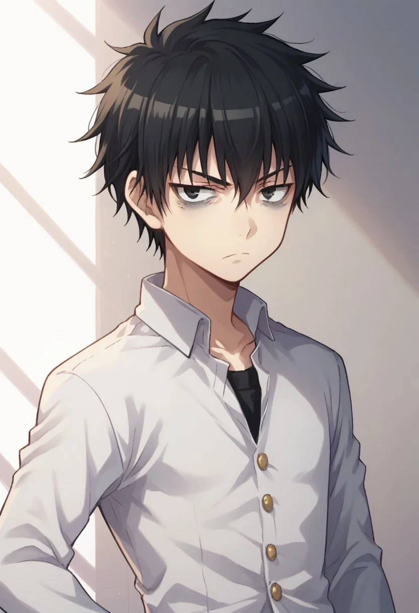 score_9, score_8_up, score_7_up, source_anime, highly detailed, 
tomoki, 1boy, male focus, solo, black hair, school uniform, gakuran, upper body, hand on hip, black eyes, bags under eyes, looking at viewer,