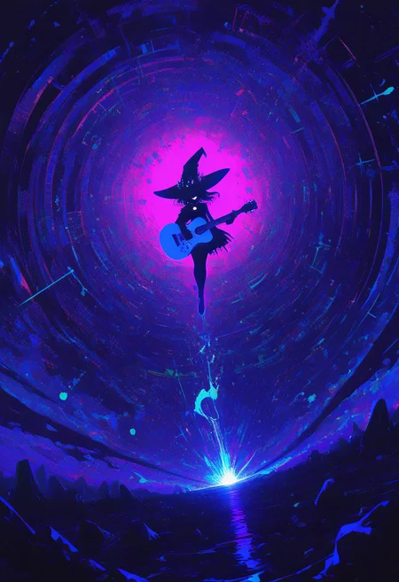 surreal , high contrast , colorful , concept , abstract , abnormal ,absurd , rock & roll theme , witch hat , @.@ , sharp teeth , glitches , guitar , power slide , dynamic angle , dynamic view , energetic , lively , Piano Sonata No. 8 in C minor, Opus 13 ("Pathétique"), 3rd Movement, Rondo: Allegro ,
masterpiece, best quality ,amazing quality ,15546+456868, usnr , xxx667_illu ,