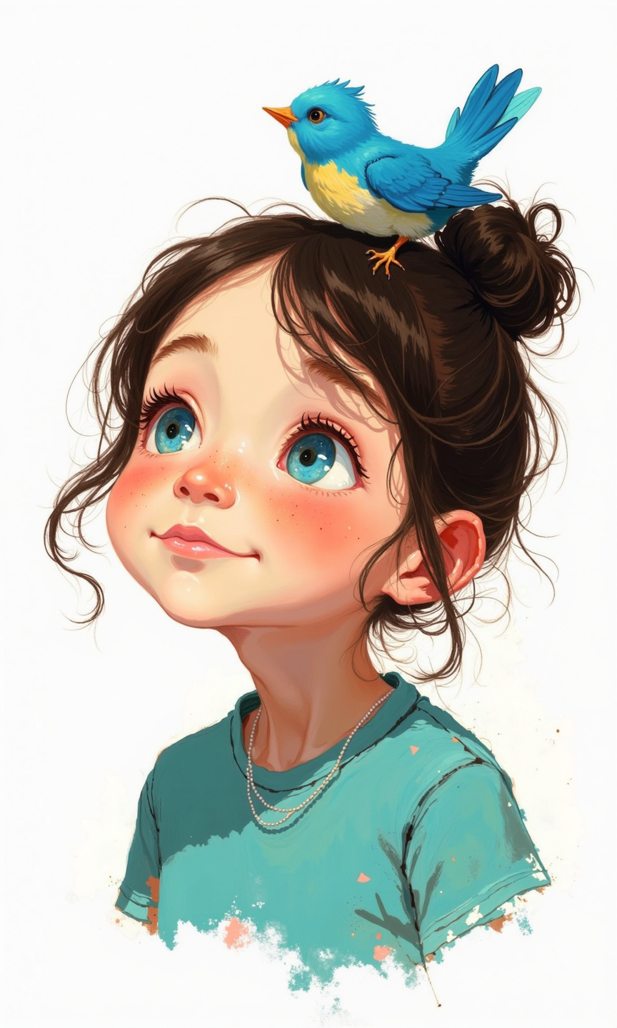 Close-up of a stylized illustration. 
A young girl, with a light teal-colored t-shirt, is the central focus.  Her hair is dark brown, styled in a messy bun atop her head.  The girl's facial features are exaggerated in a way that creates a sweet and innocent expression.  Her eyes are large and expressive, with a light blue hue. Her gaze is directed upward and slightly to the right.  Noticeable freckles dot her cheeks. The lips are a soft pink.
A small, vibrant blue bird is perched on top of her hair, adding a touch of cheerful color to the image. The style of the illustration is detailed but impressionistic; visible brushstrokes suggest the artist's technique. The coloring of the hair and clothing is soft and vibrant, showing a use of color that gives the illustration a painterly realism. 
The background is pure white, focusing attention entirely on the girl.  Around the girl's neck there is a hint of thin white line, possibly a necklace. Soft, color-drenched "brushstrokes" are positioned below the girl's body, adding a bit of texture to the bottom portion of the piece, and helping the viewer focus in on the girl herself.
<lora:FLUX-daubrez-DB4RZ-v2:1> DB4RZ, DB4RZ style painting