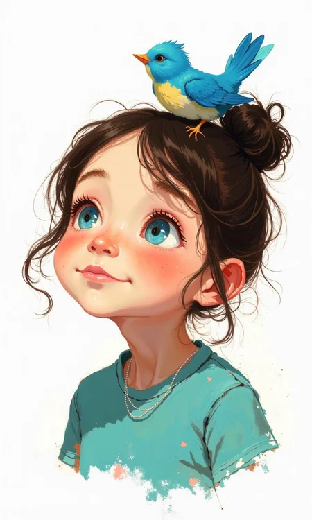 Close-up of a stylized illustration.
A young girl, with a light teal-colored t-shirt, is the central focus. Her hair is dark brown, styled in a messy bun atop her head. The girl's facial features are exaggerated in a way that creates a sweet and innocent expression. Her eyes are large and expressive, with a light blue hue. Her gaze is directed upward and slightly to the right. Noticeable freckles dot her cheeks. The lips are a soft pink.
A small, vibrant blue bird is perched on top of her hair, adding a touch of cheerful color to the image. The style of the illustration is detailed but impressionistic; visible brushstrokes suggest the artist's technique. The coloring of the hair and clothing is soft and vibrant, showing a use of color that gives the illustration a painterly realism.
The background is pure white, focusing attention entirely on the girl. Around the girl's neck there is a hint of thin white line, possibly a necklace. Soft, color-drenched "brushstrokes" are positioned below the girl's body, adding a bit of texture to the bottom portion of the piece, and helping the viewer focus in on the girl herself.
<lora:FLUX-daubrez-DB4RZ-v2:1> DB4RZ, DB4RZ style painting