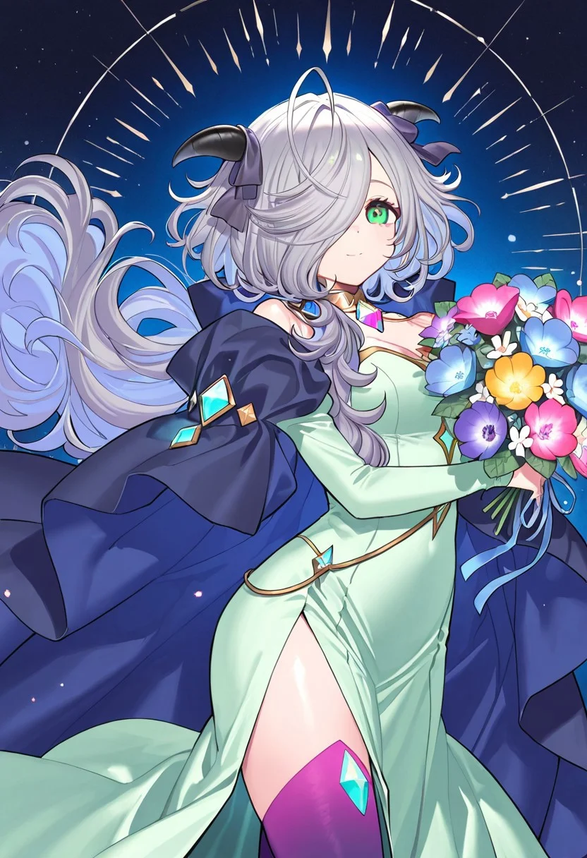 (score_9, score_8, score_7), masterwork, masterpiece, best quality, beautiful eyes, beautiful face, detailed eyes,detailed face, 1girl, eitr01, long silver hair, side-swept bangs, black curved horns,
mint green dress, ivory outer layer, deep violet inner skirt, high slit dress,
purple thigh-high stockings, navy blue and violet cape,
shiny crystal decorations, glowing light blue and pink gems,
multicolored bouquet, golden choker with geometric ornament, dynamic angles