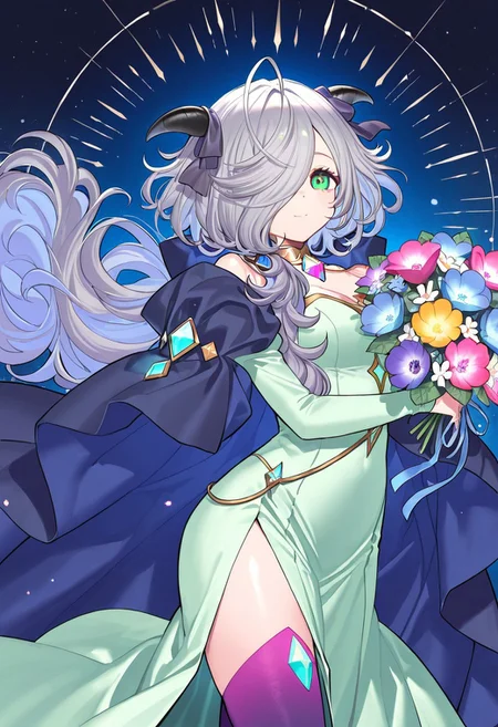 (score_9, score_8, score_7), masterwork, masterpiece, best quality, beautiful eyes, beautiful face, detailed eyes,detailed face, 1girl, eitr01, long silver hair, side-swept bangs, black curved horns,
mint green dress, ivory outer layer, deep violet inner skirt, high slit dress,
purple thigh-high stockings, navy blue and violet cape,
shiny crystal decorations, glowing light blue and pink gems,
multicolored bouquet, golden choker with geometric ornament, dynamic angles