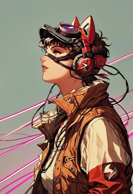 rinotuna, score_9_up, score_8_up, score_7_up, retro_neon,1girl, solo, headphones, head-mounted display, parted lips, from side, goggles,