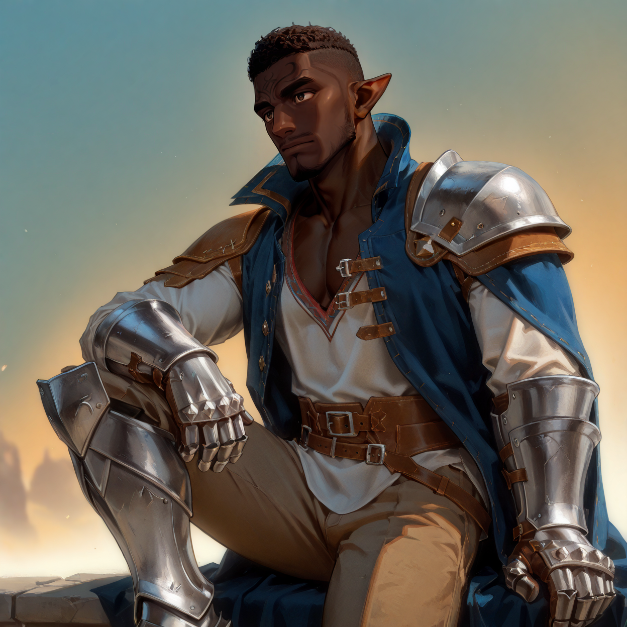 <lora:Dragon Age Veilguard - Davrin - Illustrious-000009:.6>, dav_davrin, 1boy, mature male, elf, pointy ears, very dark skin, curly hair, buzz cut, dark brown eyes, facial tattoo, white shirt, v-neck, pants, coat, side cape, gauntlets, single pauldron, armored boots, white shirt, v-neck, pants, boots
(very short hair, beard, bara, mature, facial hair, stubble, beard, full beard, sideburn, beard, a lot of beard, ), facial hair,male focus, muscular male, muscular male, bara, mature,  bara, mature, aixiwuganda_(20222192), very awa, masterpiece, best quality, absurdres, newest, perfect quality, detailed background, intricate details,
<lora:slider_Body Type_alpha1.0_rank4_noxattn_last:3><lora:Anime Summer Days 2 Style SDXL_LoRA_Pony Diffusion V6 XL:.6><lora:slider_cfg_scale_boost:.7><lora:Artist6p:.55>, Artist6p, Artist04p,<lora:slider_il_brightness_slider_d1:-1><lora:slider_il_contrast_slider_d1:-1><lora:slider_DarkSlider1.2_alpha1.0_rank16_full_300steps:-.6>