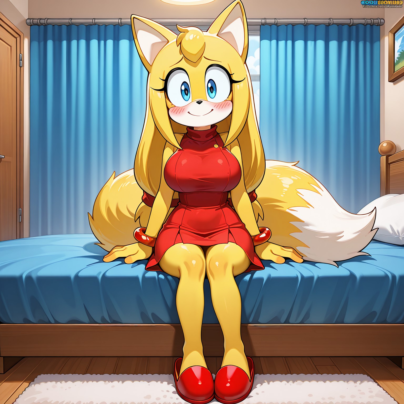 masterpiece, best quality, amazing quality, very aesthetic, absurdres, newest, score_9, score_8_up, 1girl, solo, detailed_eyes, zooey the fox, yellow fur, two-tone fur, fox girl, fox ears, blue eyes, long hair, low-tied long hair, fox tail, long fluffy tail, red hairband, red bracelet, red sleeveless dress, red slippers, sitting, smile, blushing, large breasts, large hips, cute, adorable, happy, bedroom, blue bed,