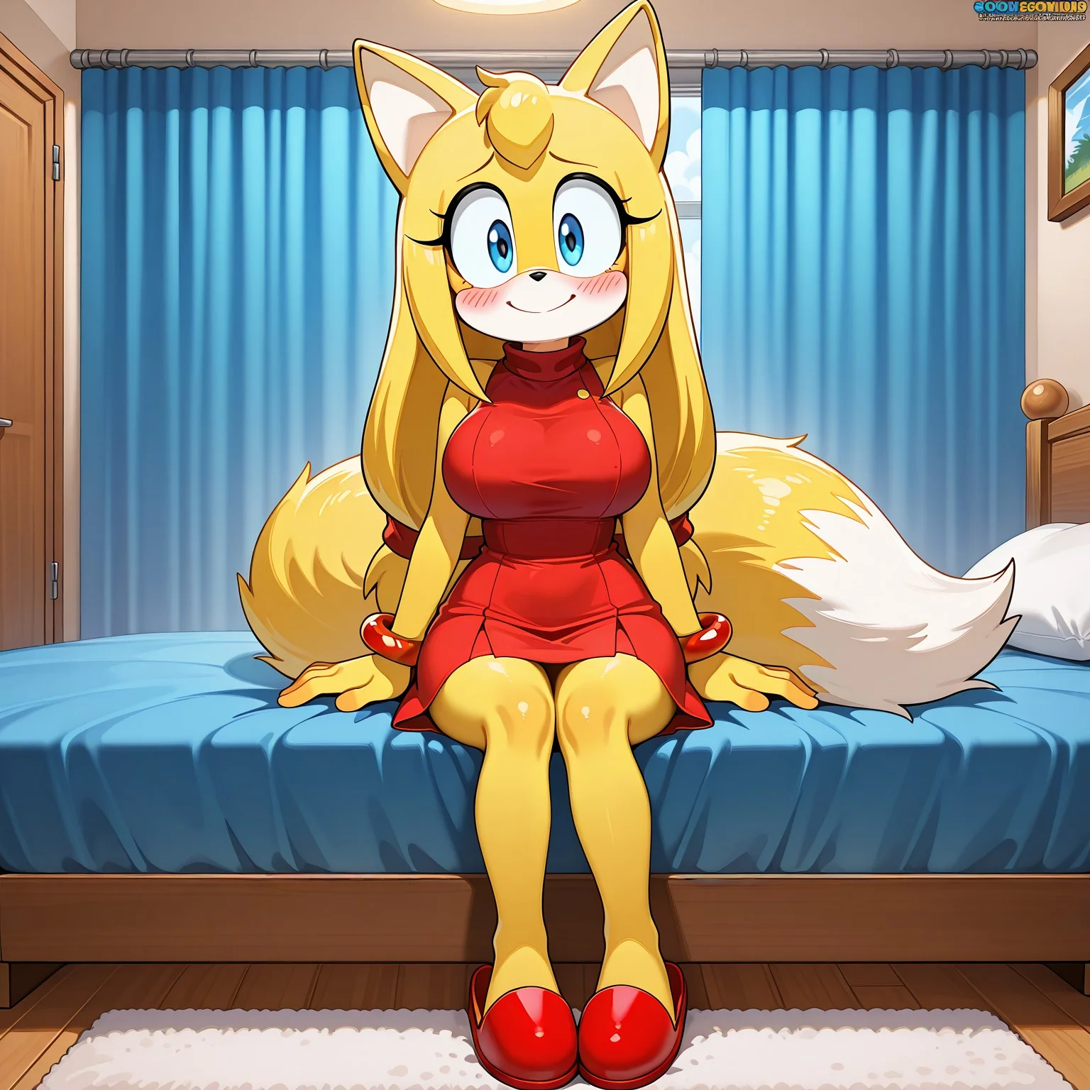 masterpiece, best quality, amazing quality, very aesthetic, absurdres, newest, score_9, score_8_up, 1girl, solo, detailed_eyes, zooey the fox, yellow fur, two-tone fur, fox girl, fox ears, blue eyes, long hair, low-tied long hair, fox tail, long fluffy tail, red hairband, red bracelet, red sleeveless dress, red slippers, sitting, smile, blushing, large breasts, large hips, cute, adorable, happy, bedroom, blue bed,