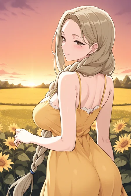 masterpiece, best quality, 1girl, solo <lora:vcaudrey-illu-nvwls-v1-000006:1> vcaudrey, light blonde hair, single braid, hair over shoulder, very long hair, brown eyes, mole under eye, large breasts, yellow sundress, from behind, sunset, field, garden, looking back, looking at viewer, light smile, blush