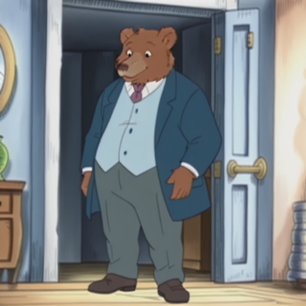 masterpiece, best quality, amazing quality,  FatherBearLBil, semi-anthro, male, bear, brown fur, black eyes, blue suit jacket, light blue vest, purple necktie, grey pants, brown shoes, standing, inside, solo, <lora:b3e28a63-2631-4166-bbca-7f7a79856c5c:1.0>