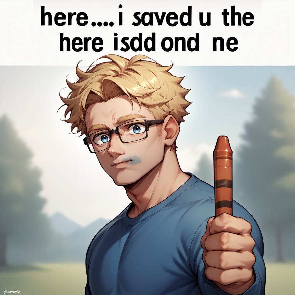 source_anime, score_9, score_8_up,  <lora:NSRedOneMeme:1> NSRedOneMeme, upper body, holding, english text, from side, looking at the viewer, 1boy, glasses, blonde hair, blue eyes, blue shirt, twig in hair