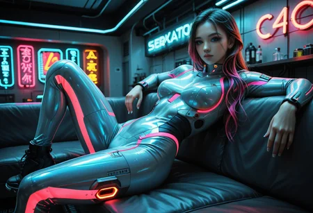 score_9_up, score_9, score_8_up, score_8, score_7_up, score_7, Korean woman, multi-coloured hair, long hair, neon eyeshadow, detailed glowing blue eyes, perfect face, athletic body, strong complexion, neon bodysuit, combat armour pieces, ((solo, neon back lights)), neon lighting, relaxing on the couch, looking at viewer, (indoor, lab environment, sci-fi, cyberpunk, neon lights, fabrication line, machines, fabricator, detailed background), specular highlights, neon theme, neon futurism, dynamic angle, dynamic pose, Colorful. Vivid. inkwshCE_style