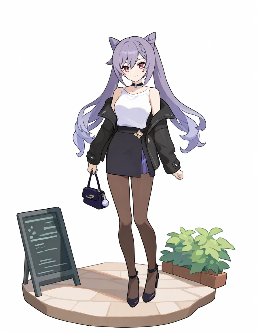 1girl, keqing \(genshin impact\), 
worldflipper, solo, looking at viewer, simple background, holding, alternate costume, skirt, twintails, long sleeves, handbag, jacket, cone hair bun, pantyhose, closed mouth, breasts, purple eyes, open jacket, black choker, long hair, open clothes, black jacket, bag, black skirt, miniskirt, full body, high heels, smile, brown pantyhose, holding bag, shirt tucked in, hair bun, medium breasts, off shoulder, choker, standing, bare shoulders, purple hair, white background,
masterpiece, best quality, very aesthetic, newest, absurdres, incredibly absurdres
 <lora:worldflipper-000016:1>