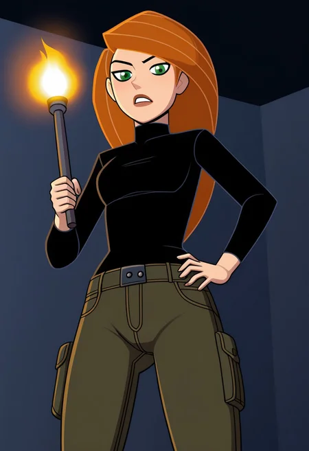chkim, black skintight shirt, cargo pants, dark room, holding torch, torch on, from slight angle, solo, slightly frightened,