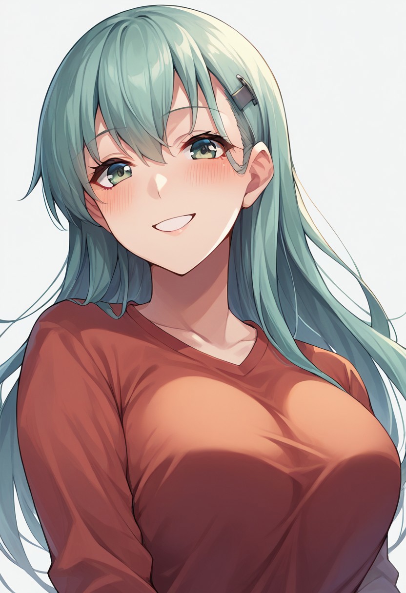 score_9, score_8_up, score_7_up, source_anime, suzuya (kancolle), hairclip, 1girl, blush, looking at viewer, solo, large breasts, smile, shirt