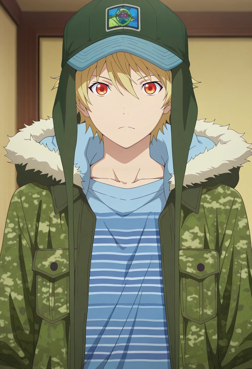 masterpiece, best quality, , anime screencap, anime coloring, official style, looking at viewer, 1boy, solo, male focus, <lora:yukine_noragami_ilxl:0.96>, yukine_noragami, blonde hair, red eyes, orange eyes, hood, fur trim, hat, , Brocade Gingham NavyBlue Woven joggers, Polyester Camouflage shirt, , Baseball cap,