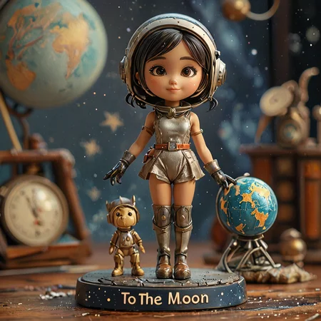 minature beautiful asian girl, sexy leotard, retro-space-helmet, boots, gloves, belt, "to the moon " written on base , desktop-globe , pencils in background 4k, highly detailed <lora:Cute_Collectible:1>