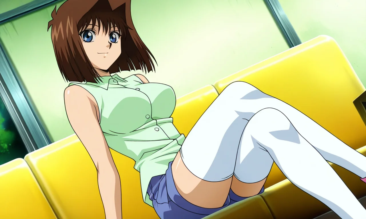official style, anime screencap, 1girl, solo, mazaki anzu, brown hair, short hair, blue eyes, light-green shirt, sleeveless shirt, blue shorts, white thighhighs, sitting, crossed legs, light smile, closed mouth