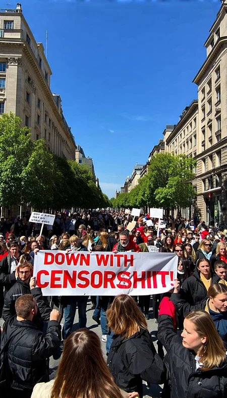 A realistic photo of a large, energetic demonstration. The crowd is diverse, with people of all ages and backgrounds holding up signs and banners. At the forefront, a giant banner boldly reads: DOWN WITH CENSORSHIT! , another banners read: "SD3" The atmosphere is charged with passion and determination as people march together, united in their cause. Background elements include historic buildings, vibrant and a clear, sunny sky overhead, highlighting the significance and urgency of the protest.