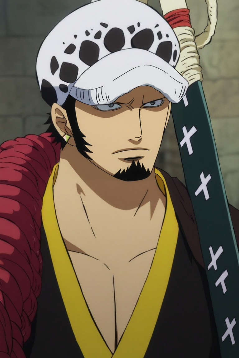 score_9, score_8_up, score_7_up, source_anime, intricate details, (realistic:0.6), , upper body, depth of field, 1boy, solo, male focus, <lora:law_trafalgar_pony:0.94>, law_trafalgar, black hair, black eyes, short hair, facial hair, sideburns, long sideburns, goatee, hat, , weapon, sword, sheathed, holding weapon, , , , <lora:sdxl_lightning_8step_lora:1>