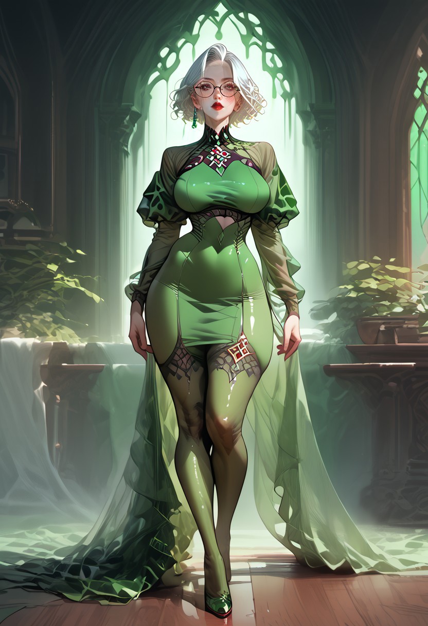 embedding:urn:air:sd1:embedding:civitai:222256@250708, score_9, score_8_up, score_7_up, score_6_up, source_anime, 1girl, full body visible, white hair, short hair, red lips, dark eyes, tall girl, 

(large green crop top), perfect face, detailed face, 8k face, inside a beautiful palace background, detailed background, large natural saggy breasts, sexy hips, (blush), he chooses a book for himself on the shelf, big black glasses, green neon, looks at laptop, magical green robes, fishnet stockings, curvy hips, 
