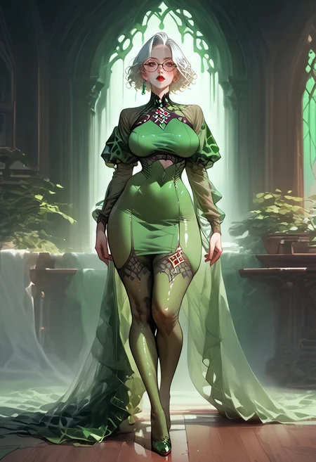 embedding:urn:air:sd1:embedding:civitai:222256@250708, score_9, score_8_up, score_7_up, score_6_up, source_anime, 1girl, full body visible, white hair, short hair, red lips, dark eyes, tall girl,
(large green crop top), perfect face, detailed face, 8k face, inside a beautiful palace background, detailed background, large natural saggy breasts, sexy hips, (blush), he chooses a book for himself on the shelf, big black glasses, green neon, looks at laptop, magical green robes, fishnet stockings, curvy hips,