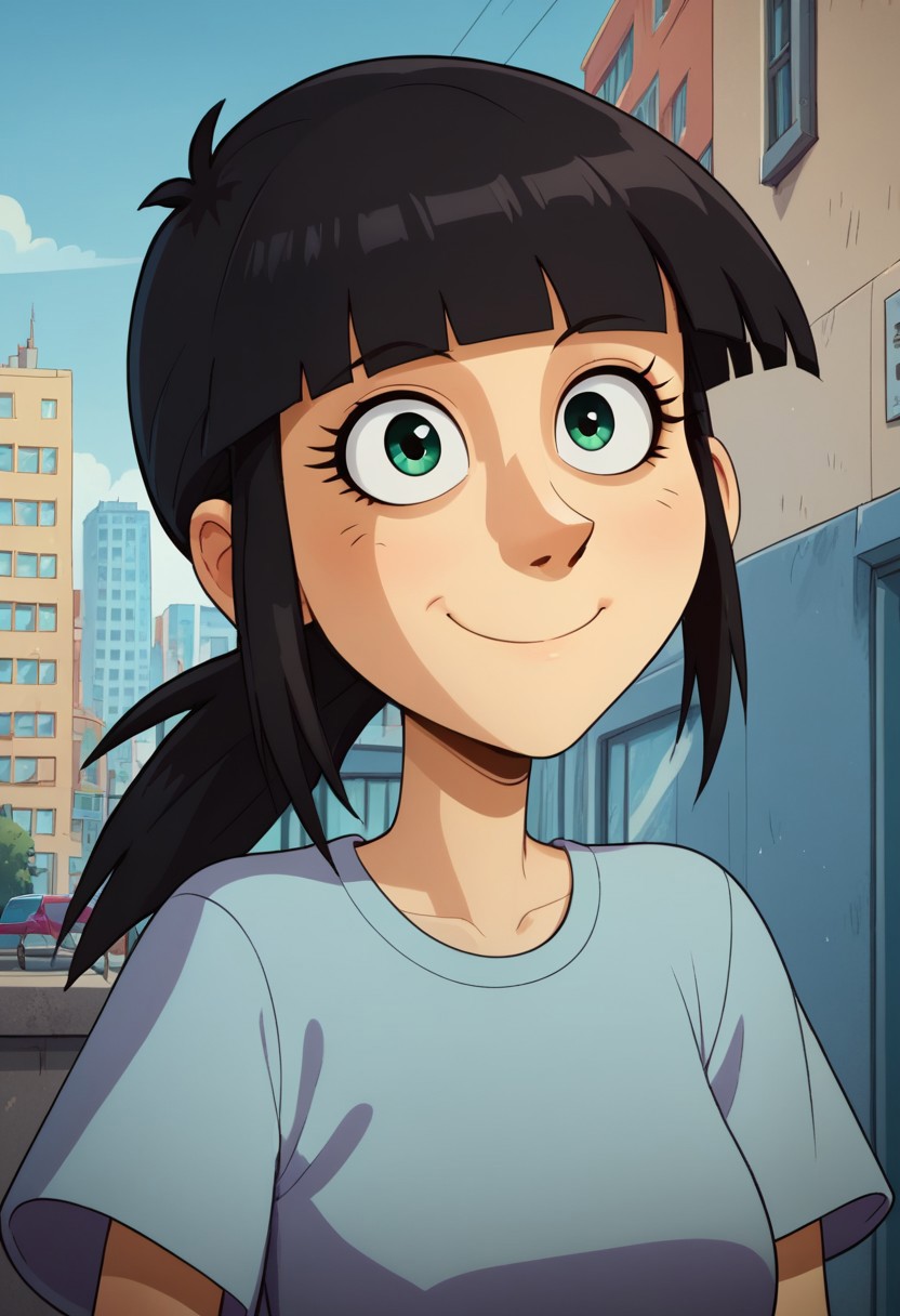 ((city background)),score_9, score_8_up, score_7_up,score_6_up, 
1girl, Solo, Sarah_TADL, light skin, green eyes, black hair, straight fringe, low ponytail hairstyle, light blue short-sleeve T-shirt, tight blue jeans, black shoes, social smile, big eyes, cute face, close-up, face photo, perfect eyes, perfect smile