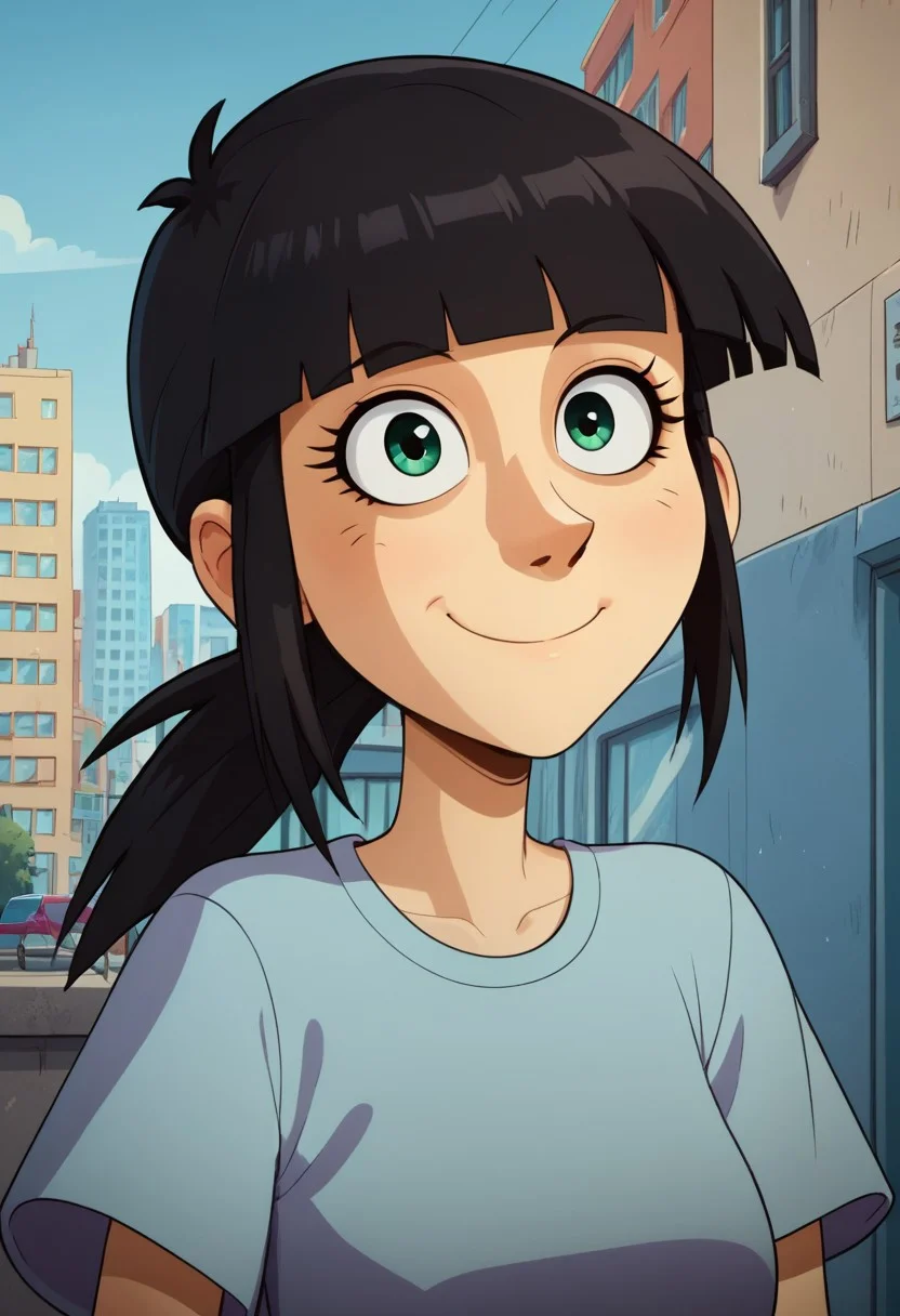 ((city background)),score_9, score_8_up, score_7_up,score_6_up,
1girl, Solo, Sarah_TADL, light skin, green eyes, black hair, straight fringe, low ponytail hairstyle, light blue short-sleeve T-shirt, tight blue jeans, black shoes, social smile, big eyes, cute face, close-up, face photo, perfect eyes, perfect smile