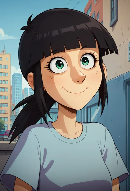 ((city background)),score_9, score_8_up, score_7_up,score_6_up,
1girl, Solo, Sarah_TADL, light skin, green eyes, black hair, straight fringe, low ponytail hairstyle, light blue short-sleeve T-shirt, tight blue jeans, black shoes, social smile, big eyes, cute face, close-up, face photo, perfect eyes, perfect smile