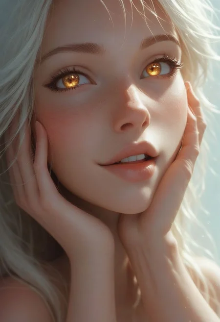 score_9, score_8_up, score_8, cute girl, brown long hair, brown crytal eyes, sparkle in eyes, show detailed hand, hand on face, seductive expression, subtle smile, blushing, open mouth, sexy and cute, dynamic sexy pose, Expressive, (detailed face), very detailed, high detailed texture, depth of field, cinematic illumination, volumetric lighting, Expressiveh, 1dk