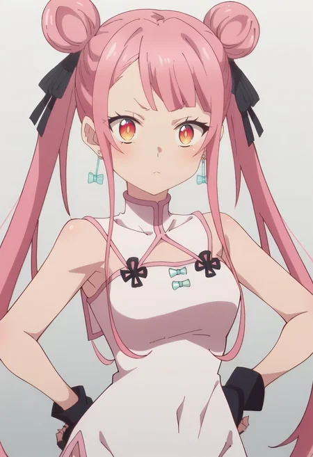 <lora:Tao:1> tao, long_hair, pink_hair, 1girl, double_bun, bangs, solo, twintails, earrings, hair_ribbon   , dress, chinese_clothes,cowboy shot, looking at viewer, score_9, score_8_up, score_7_up, , anime coloring ,BREAK source_anime, anime