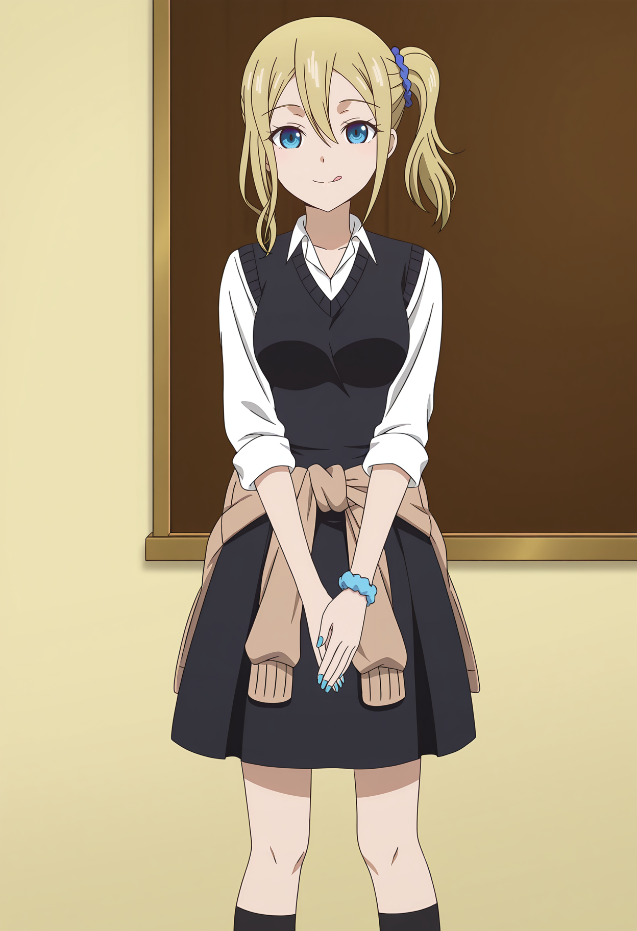 <lora:Ai HAYASAKA_illustrious-000018:1>,1girl,solo,
Ai HAYASAKA,side ponytail,solo,scrunchie,school uniform,blue scrunchie,hair scrunchie,clothes around waist,hair ornament,looking at viewer,own hands together,smile,black dress,standing,shirt,socks,sweater around waist,long sleeves,black socks,sweater,tongue out,nail polish,dress,closed mouth,anime screencap,