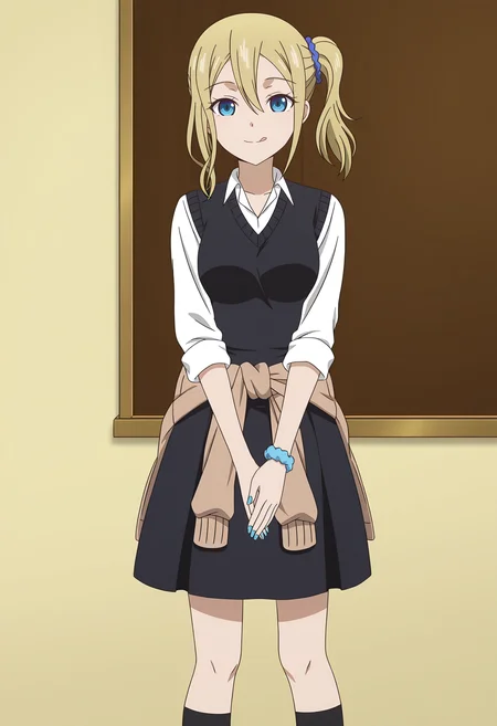<lora:Ai HAYASAKA_illustrious-000018:1>,1girl,solo,
Ai HAYASAKA,side ponytail,solo,scrunchie,school uniform,blue scrunchie,hair scrunchie,clothes around waist,hair ornament,looking at viewer,own hands together,smile,black dress,standing,shirt,socks,sweater around waist,long sleeves,black socks,sweater,tongue out,nail polish,dress,closed mouth,anime screencap,