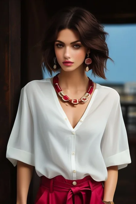 masterpiece, best quality, ultra detailed, perfect_eyes, bellissima, 1girl, collared shirt, brown pants, Armani style, very short hair, black hair, earrings, chain necklace, cowboy_shot, theme dark, pale skin