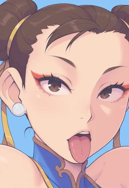 c4yf311style, masterpiece, best quality, solo, chun_li\(street_fighter\), detailed eyes, hair buns, closeup, looking at viewer, tongue, blue background,