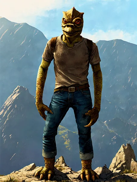 trandoshan alien in tshirt and jeans standing on a mountain<lora:trandoshanV2>