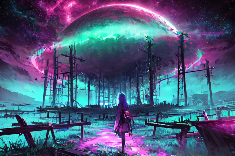 (otherworldly), highly insanely detailed, masterpiece, top quality, best quality, highres, 4k, 8k, RAW photo, (very aesthetic, beautiful and aesthetic), farm, fields, barn, fence, fantfa, <lora:FantasyFarm-10:0.8>, 
1girl, 
(dark blue hair,tie-dye hair ), 
(neon black background,neon orange background,neon yellow background ,neon color,gradient background,multicolored background),âââ