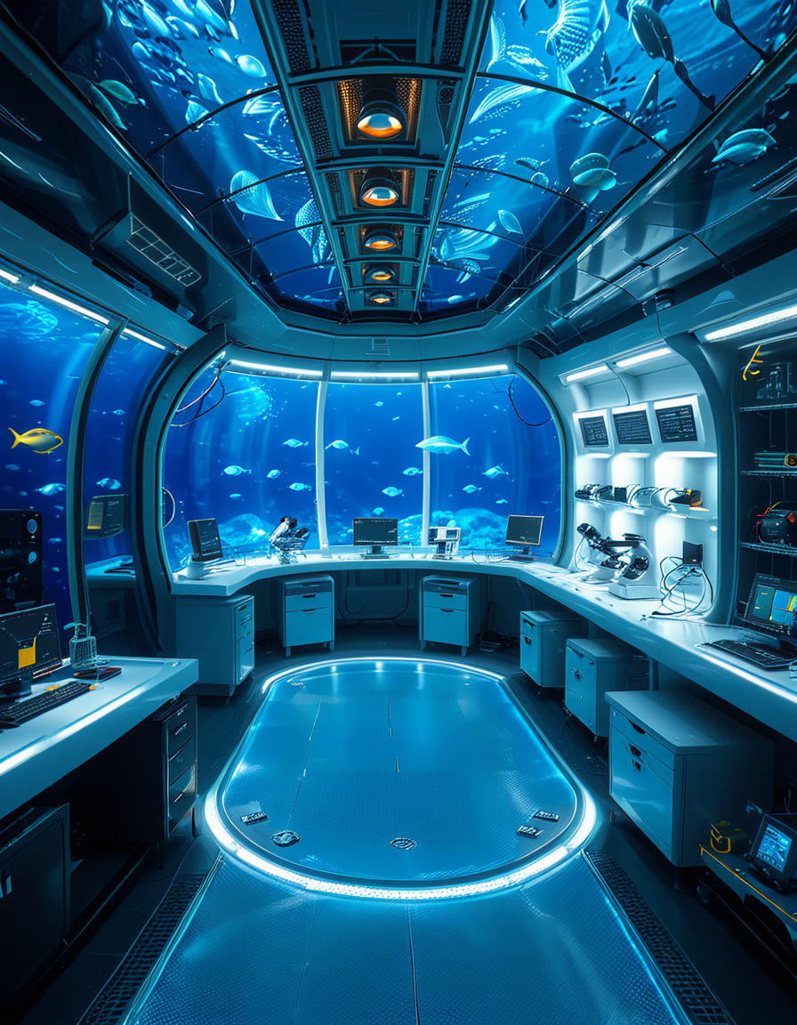 A futuristic underwater research laboratory,underwater research l4b0r4t0ry, located deep beneath the ocean's surface, surrounded by vibrant marine life and illuminated by soft, bioluminescent lighting. The laboratory features large, reinforced glass domes offering a panoramic view of the surrounding blue abyss, with schools of colorful fish and rays of sunlight filtering through the water above. Inside, advanced scientific equipment, glowing computer screens, and researchers in modern wetsuits or lab coats are visible, conducting experiments. The structure is sleek and metallic, with curved, aerodynamic designs to withstand water pressure. Coral reefs and marine plants grow nearby, adding natural beauty. The lighting is a mix of cool, bluish tones, with faint yellow lights from the laboratory windows creating a contrast. The atmosphere is calm yet futuristic, with a focus on scientific exploration and harmony with the marine environment.
<lora:SDXLFaeTastic2400:0.4> <lora:extremely_detailed:0.4> extremely detailed, <lora:underwater_research_l4b0r4t0ry:1>