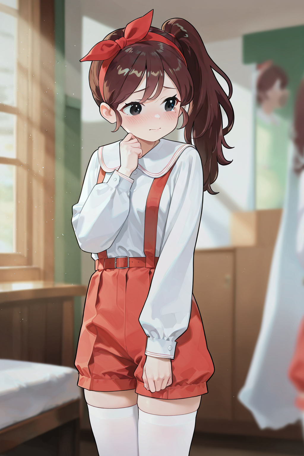 girl,suspender_skirt,brown hair,black eyes,shy,blush,red bow,bow headband,Side ponytail,red skirt,white_thighhighs,<lora:ééå¥³å­©noobXL-000026:1>,<lora:é¬¼éèæ¨¡åNoobXL-000032:0.5>,shorts,red_shorts,indoors,desk,bed,window,, masterpiece,illustration,Depth of field,(Cinematic Lighting),blurry foreground,, light_rays,ray tracing,gloss,reflection,
