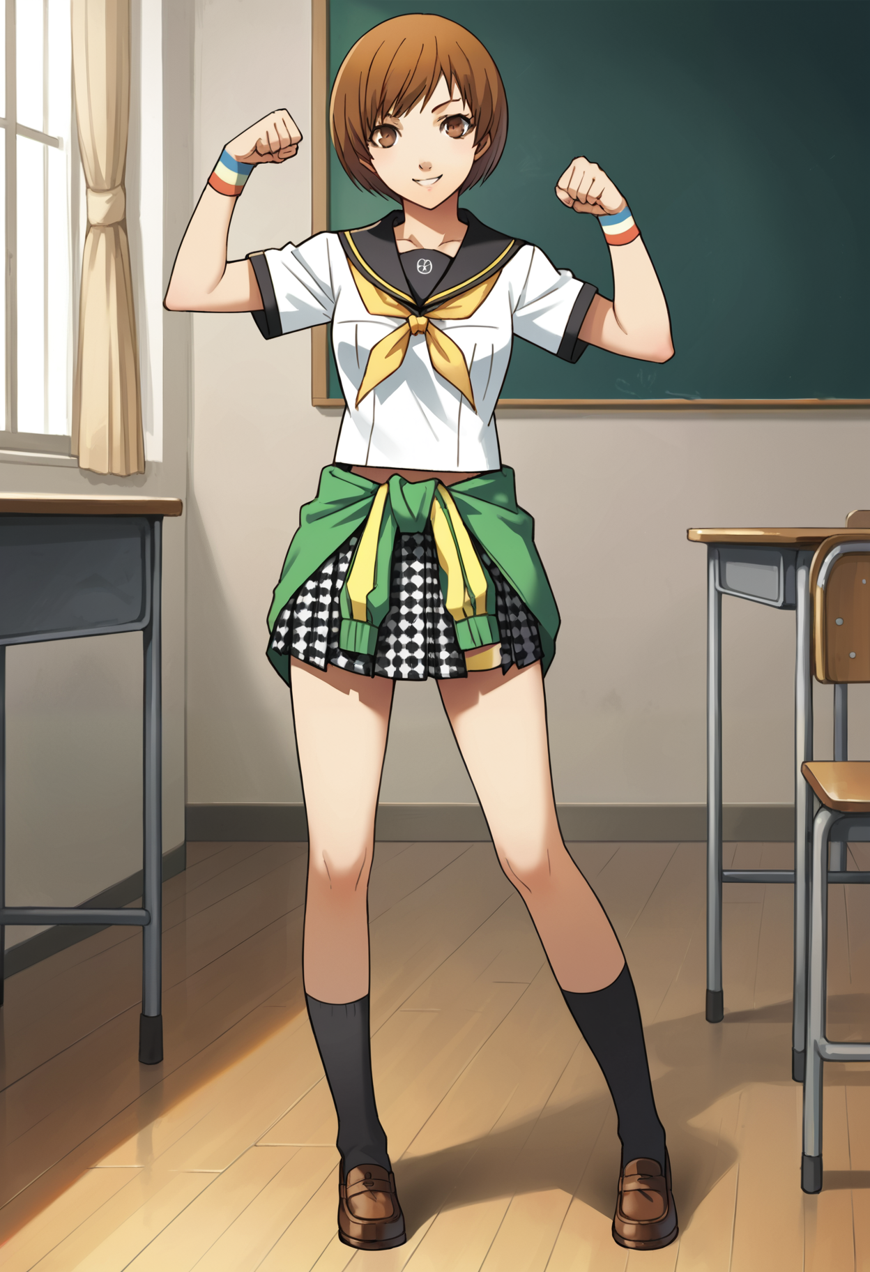 score_9, score_8_up, source_anime
1 girl, solo, cute face,
p4chie, satonaka chie, short hair, brown hair,
p4chie-sumuni, school uniform, serafuku, yasogami school uniform, neckerchief, jacket around waist, pleated skirt, houndstooth skirt, wristbands, multicolor wristbands, socks, loafers,
classroom, standing, looking at viewer, smile, raised fist, celebrating, thighs,
masterpiece, best quality, ultra detailed,